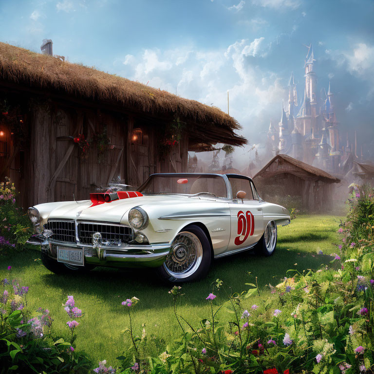 Vintage White Convertible Car with Number 53 in Lush Garden with Misty Castle