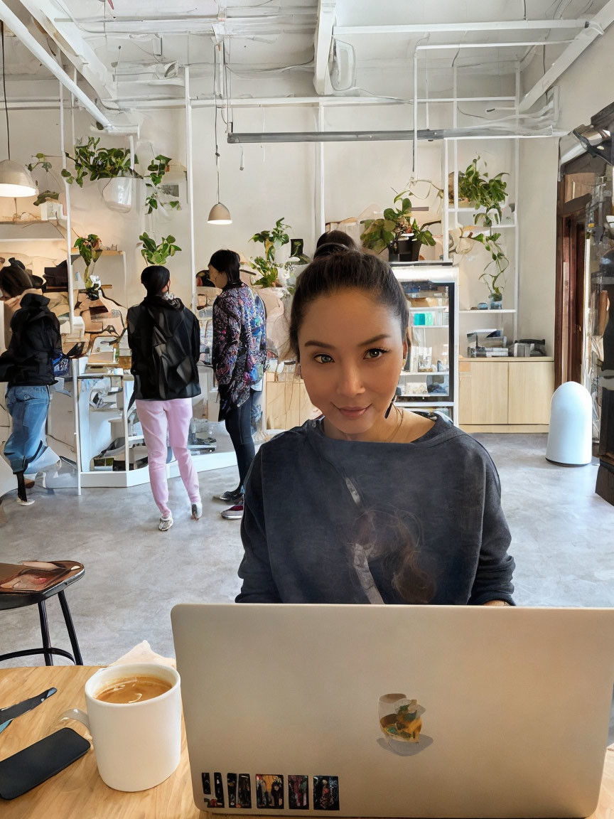 Woman working on laptop in café with hanging plants and customers in background