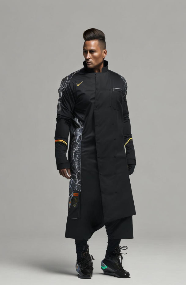 Stylish black long coat with yellow trim and lightning designs on a person