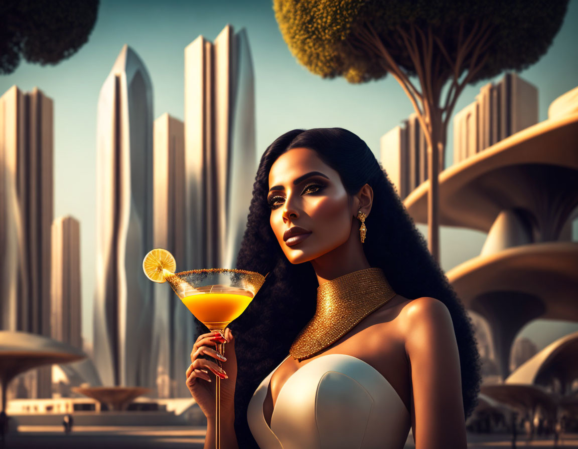 Dark-haired woman with cocktail in hand against futuristic city backdrop.