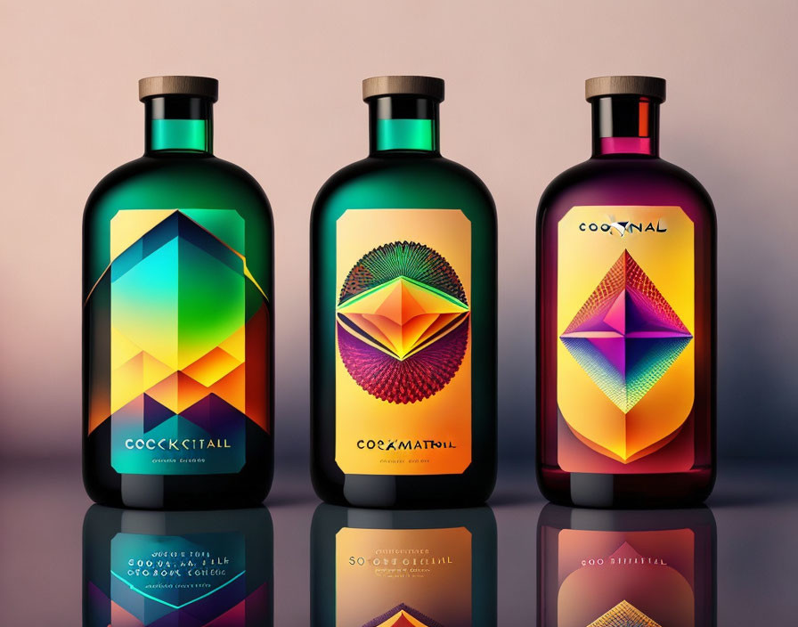 Colorful Geometric Pattern Designer Bottles on Reflective Surface