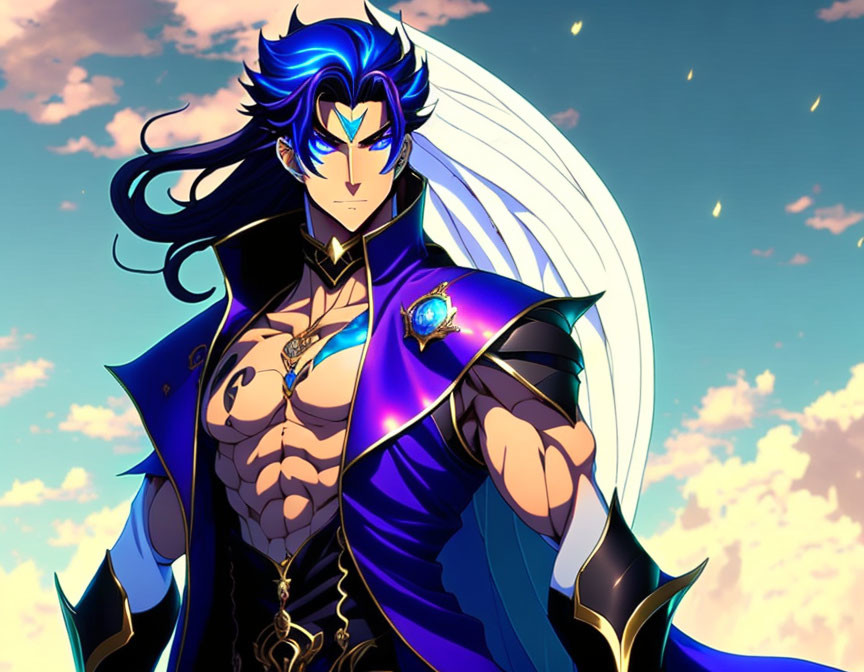 Animated character with flowing blue hair in ornate black and gold outfit against sky backdrop