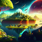 Colorful fantasy landscape with floating islands, waterfalls, animals, and a large moon.