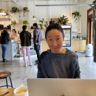 Woman working on laptop in café with hanging plants and customers in background