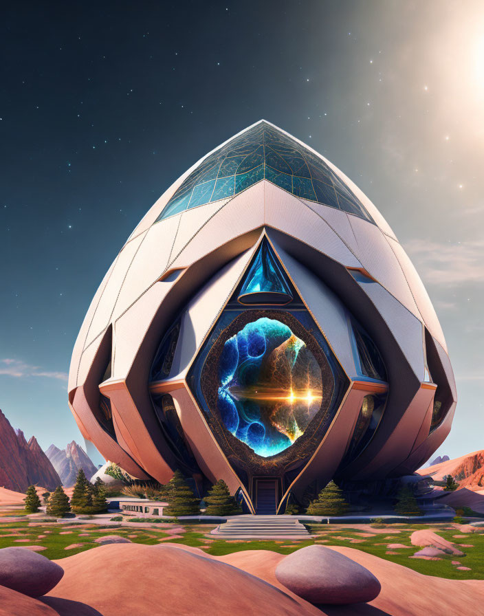 Geometric desert building with glass triangle and embedded sphere