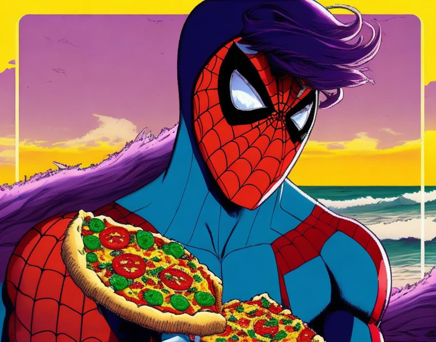 Illustrated Spider-Man with stylized hair holding pizzas in sunset scene