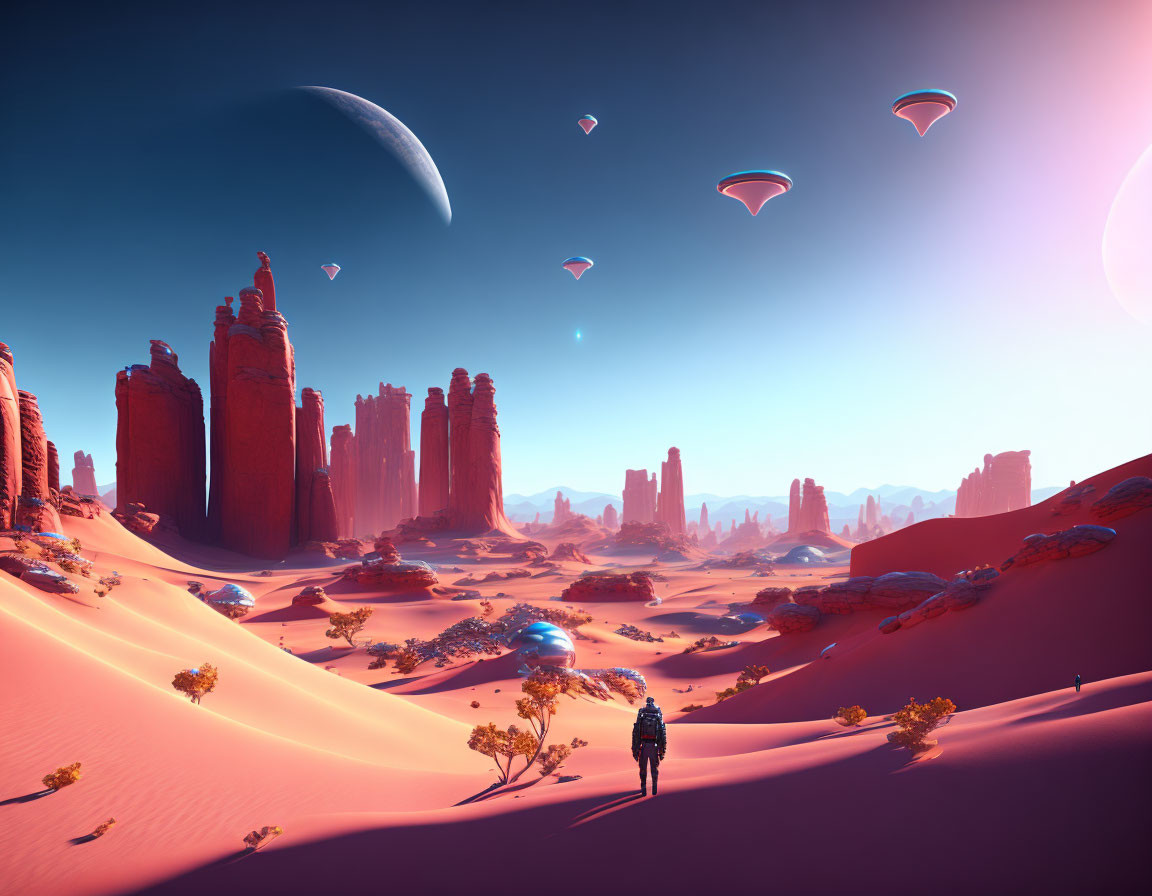 Futuristic desert landscape with red rock formations and celestial bodies