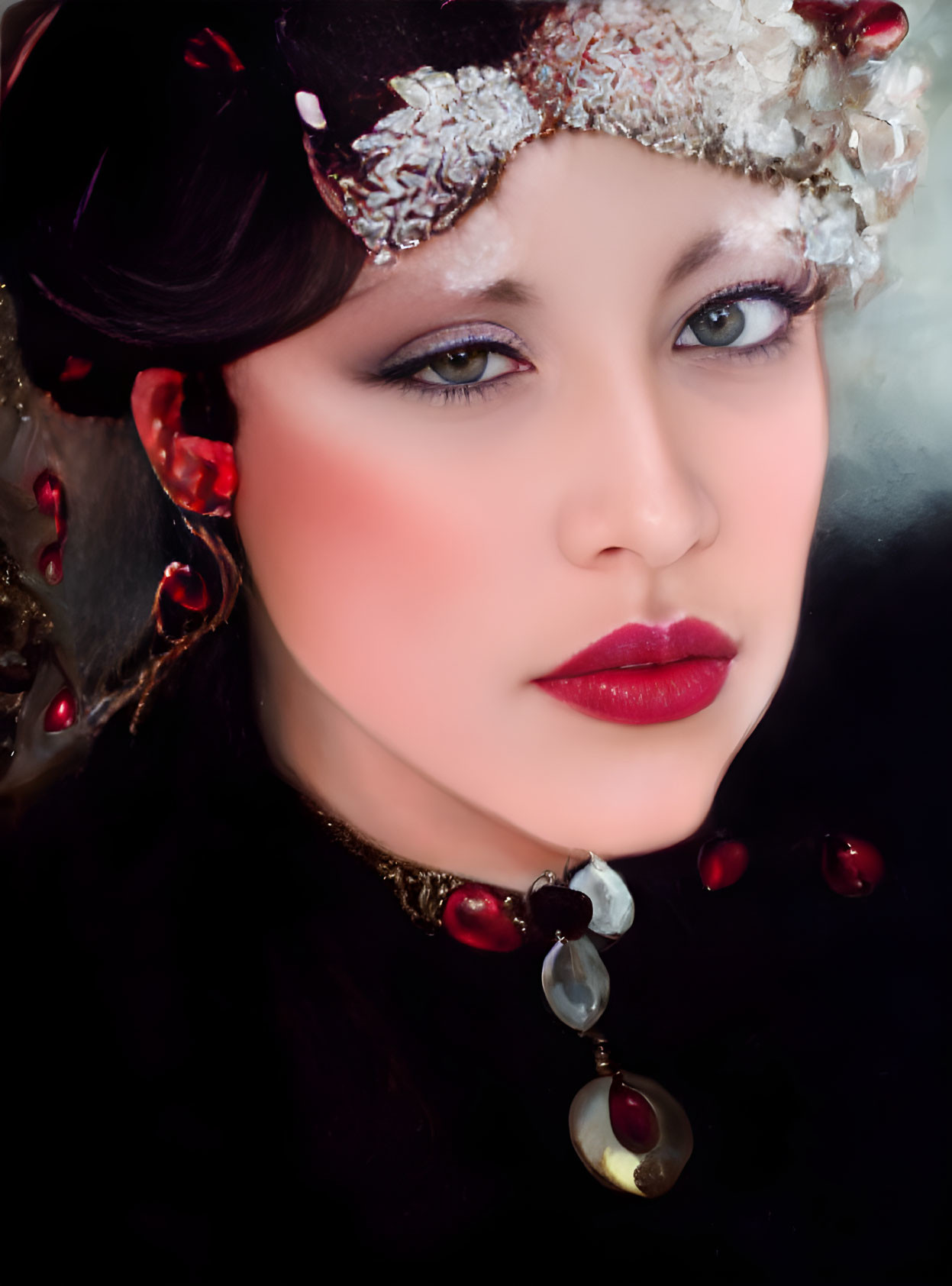 Portrait of woman with dark hair in white floral headpiece and red lipstick