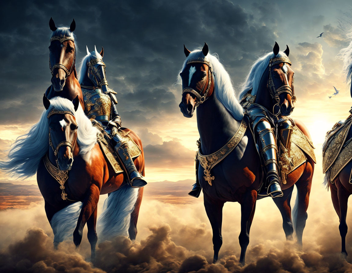 Armored knights on horses under dramatic sky and birds