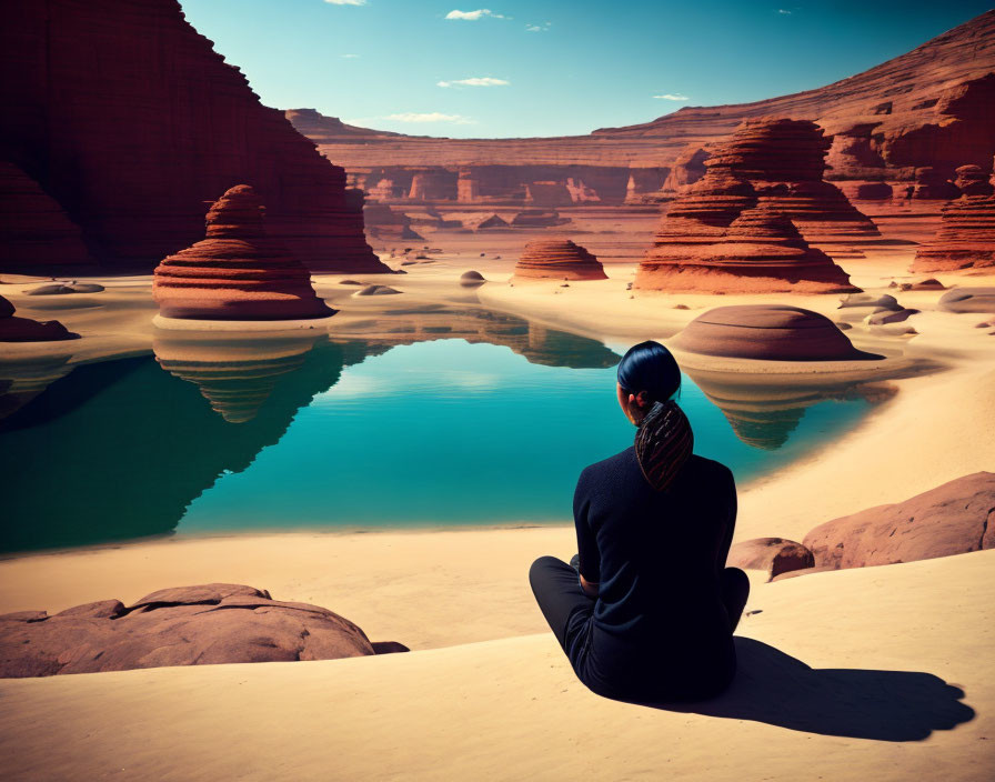 Peaceful person at serene desert oasis with sandstone formations.