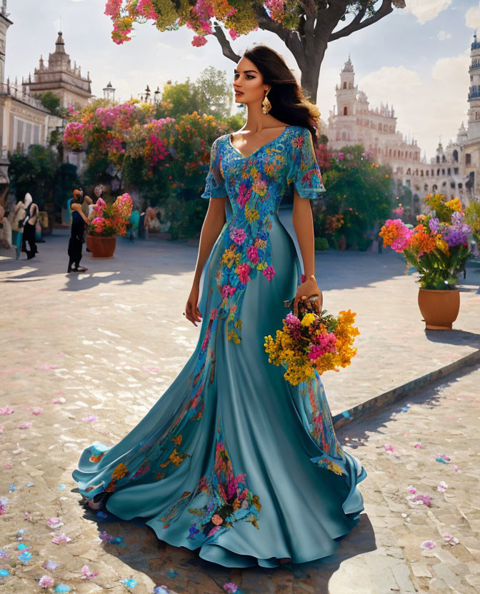 Woman in Blue Floral Dress Holding Basket of Yellow Flowers on Cobblestone Path