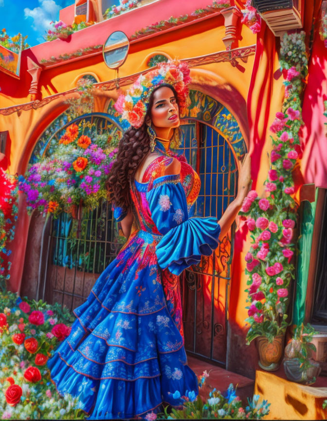 Woman in vibrant blue traditional dress by colorful house entrance