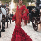 Woman in vibrant red flamenco dress with horse and flowers in picturesque street