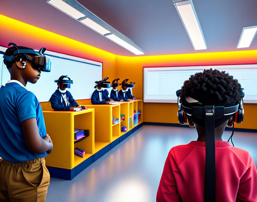 Futuristic classroom with students in virtual reality headsets