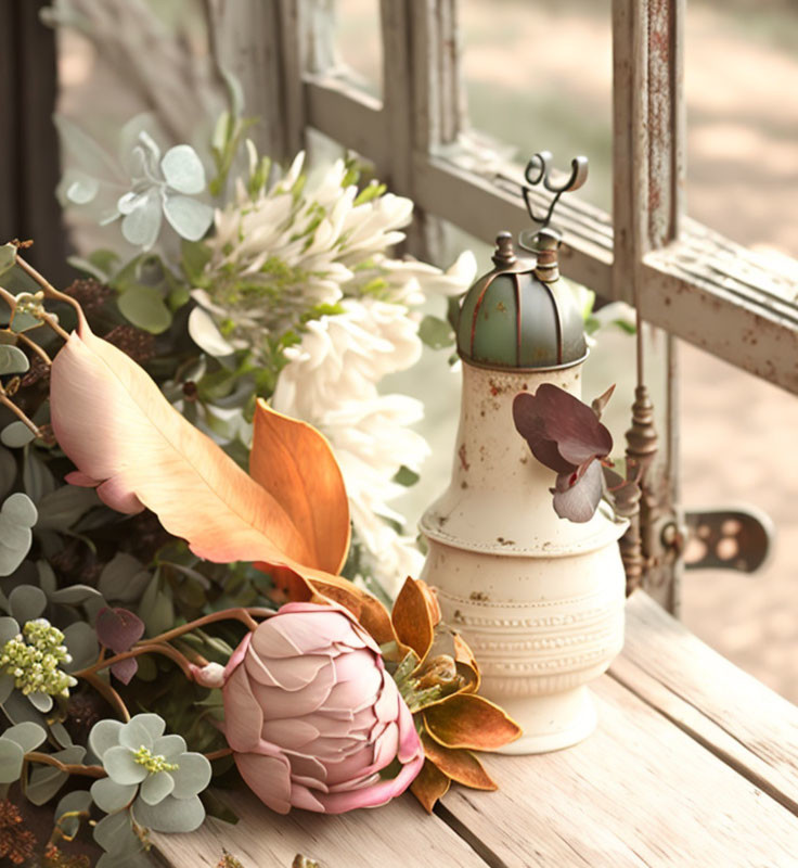 Vintage lantern and colorful flower bouquet on rustic wooden surface by open window