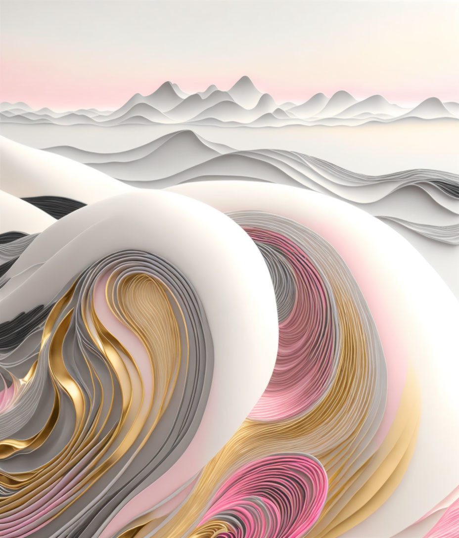 Swirling Pink, White, and Gold Waves on Hilly Background