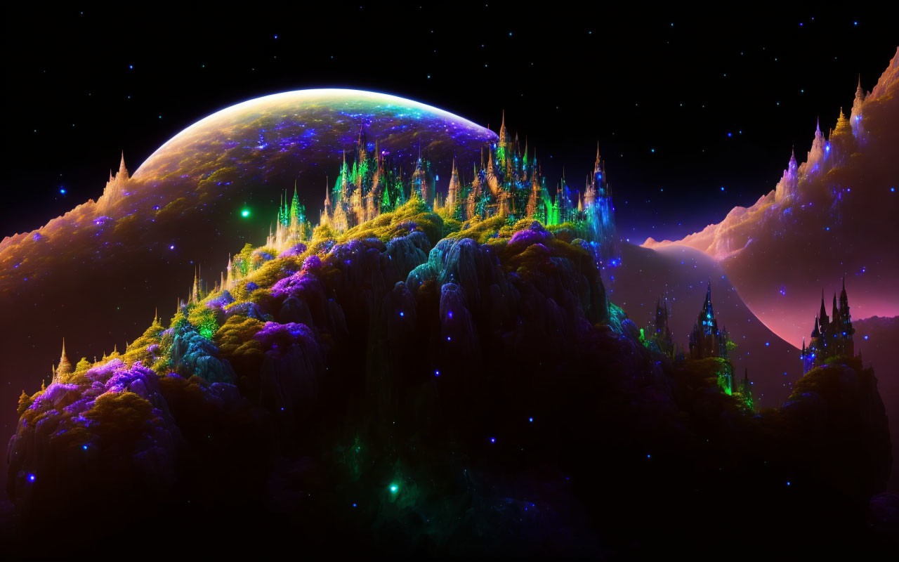 Alien landscape with glowing crystals, vibrant flora, starry sky, and large celestial body