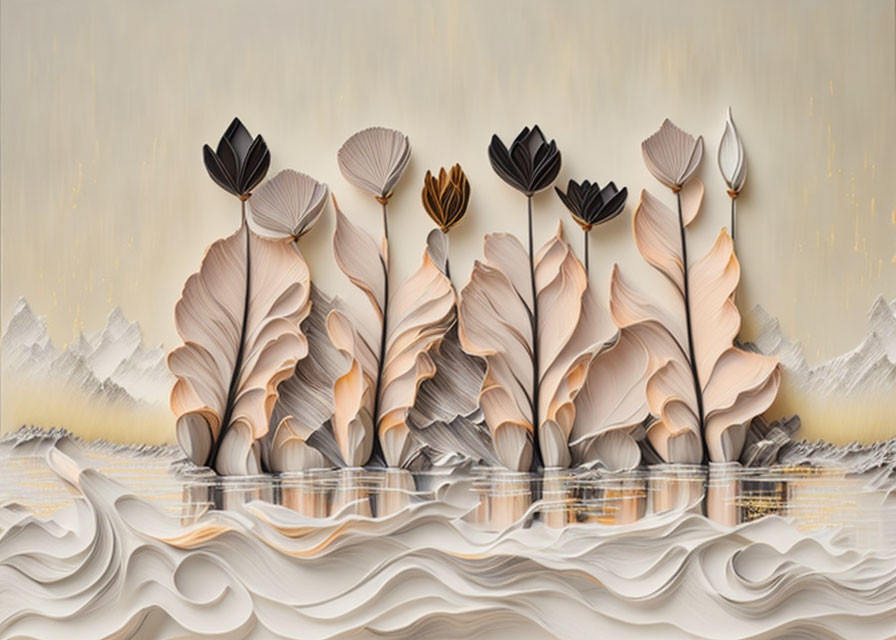 Abstract paper art featuring flowers and waves in beige and brown tones on a textured background, evoking a