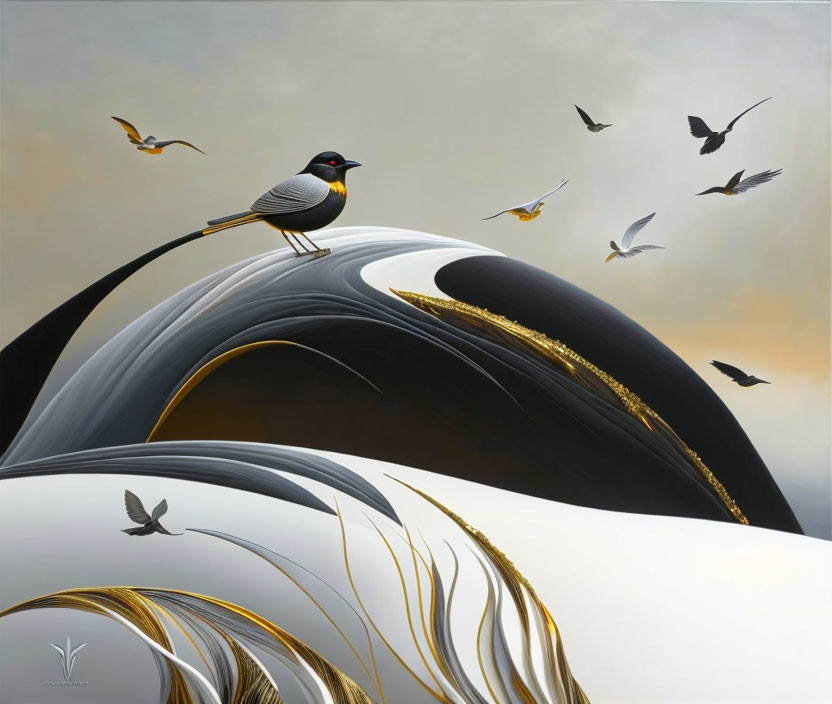 Surreal painting: Bird on curved structure with gold accents, flying birds, cloudy sky