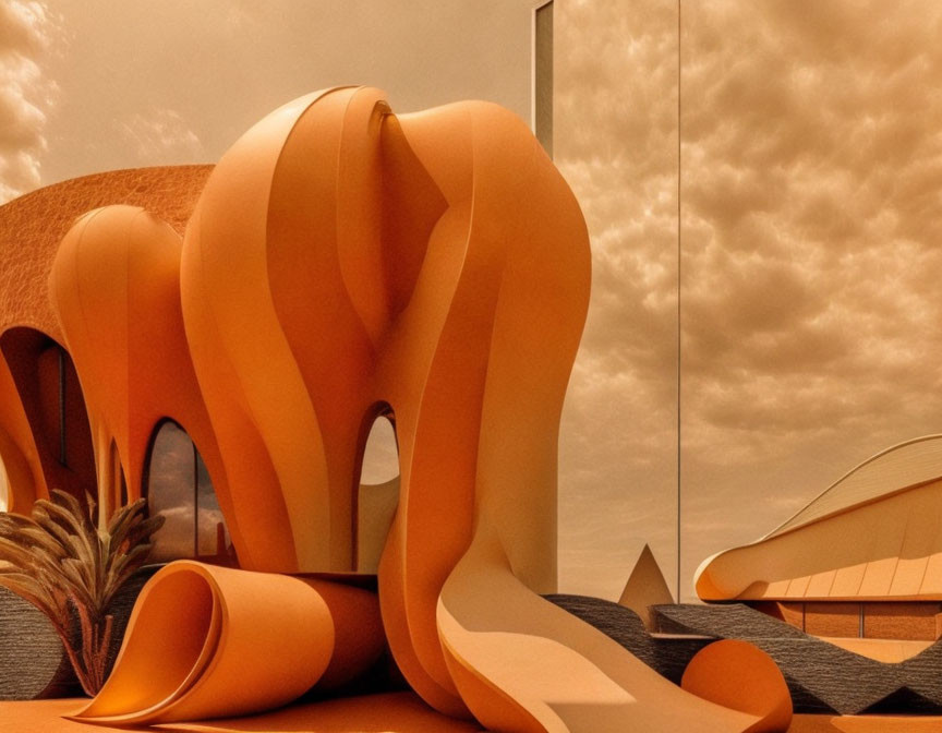 Amber Curvilinear Architectural Structures Under Cloudy Sky