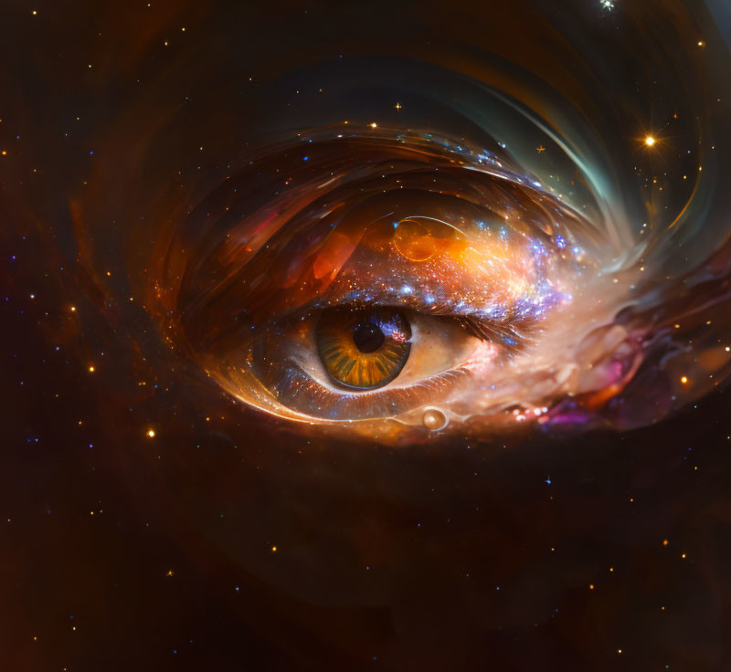 Cosmic eye with swirling nebulas and stars.