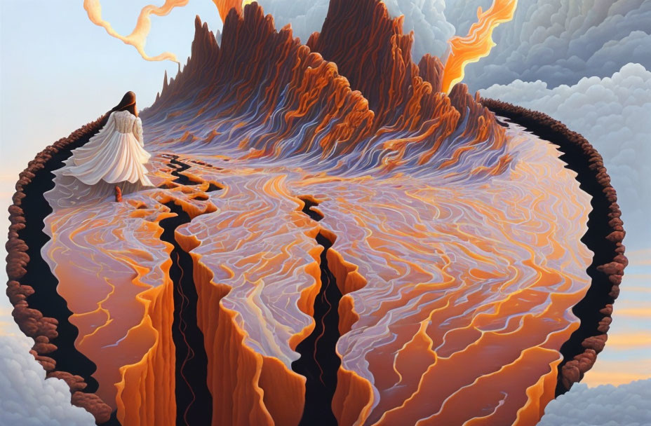 Surrealist landscape with fiery mountain and lava surface