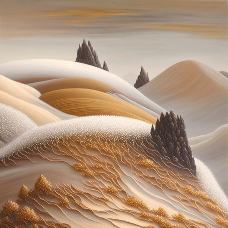 Surreal landscape: undulating sand dunes, cone-shaped trees, hazy sky