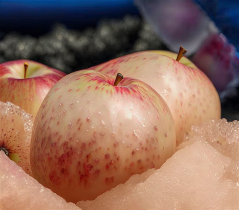 Ripe apples with red speckles on frosty white surface