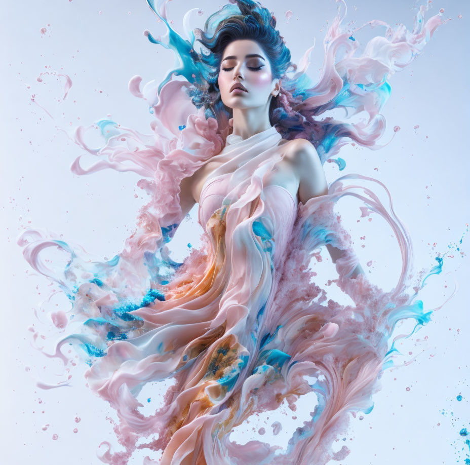 Surreal image: Woman in flowing garments blending with swirling pastel liquid.