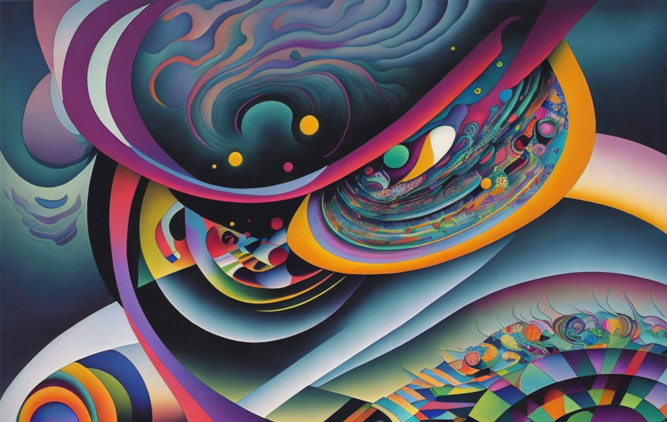 Vibrant abstract art with swirling patterns and fantastical shapes