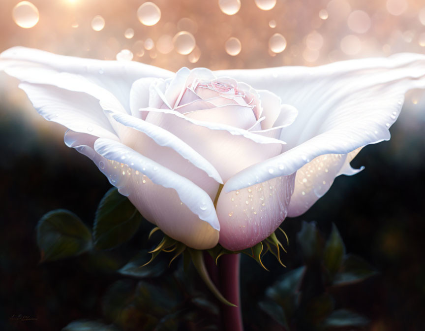 White Rose with Water Droplets on Petals in Soft Background