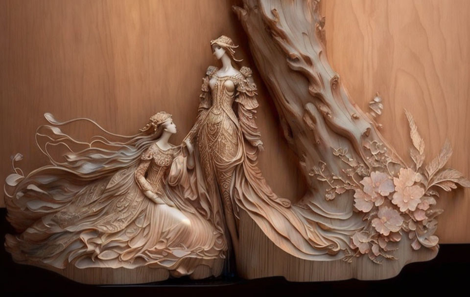 Intricate Wooden Sculptures of Women in Flowing Dresses