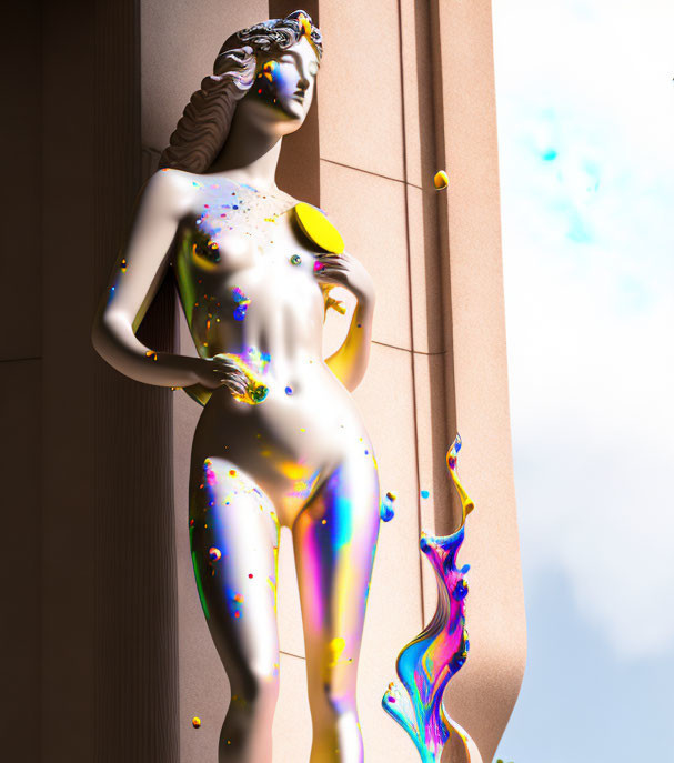 Colorful Surreal Digital Artwork: Statue-like Figure with Vibrant Paint Splashes