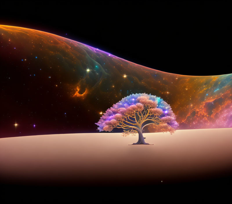 Vibrant tree against cosmic backdrop with nebulae and stars