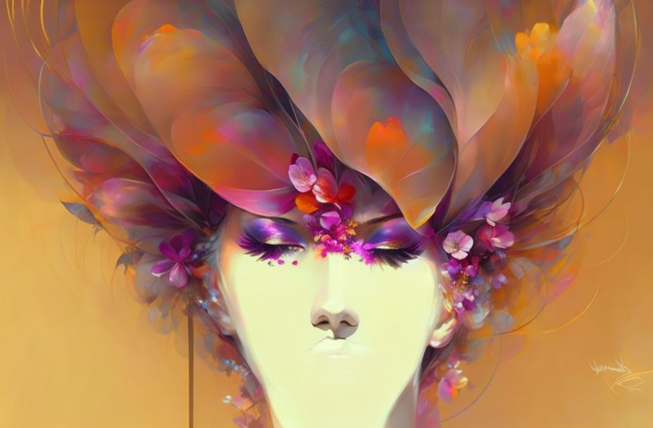 Vibrant flame-like hair and blooming flowers on a serene face