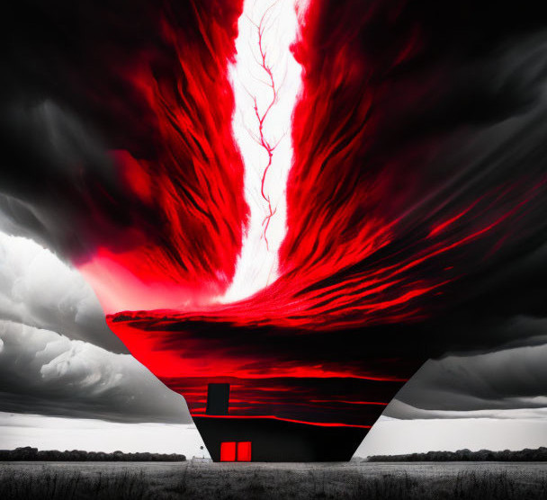 Dramatic black and red edited image of house under crimson sky