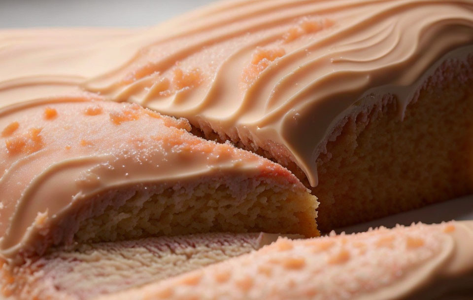 Sliced Sponge Cake with Creamy Pink Icing Close-Up