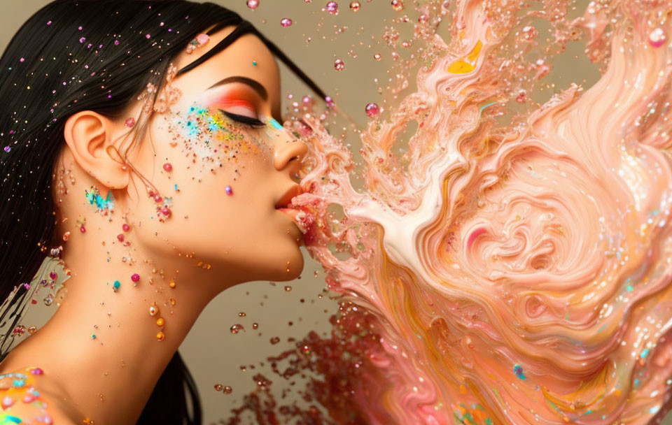 Colorful makeup and glitter person in dynamic liquid swirls