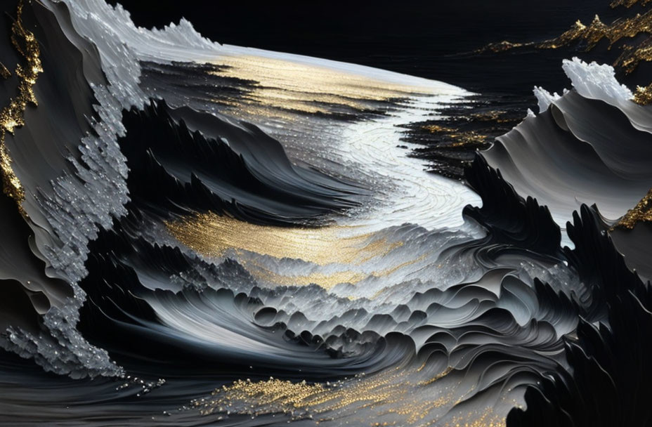 Abstract Art: Dynamic Black, White, and Gold Waves