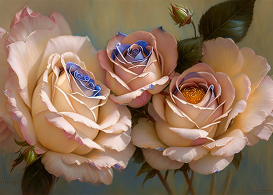 Pastel-Colored Roses in Bloom and Partially Open on Soft-Focus Background