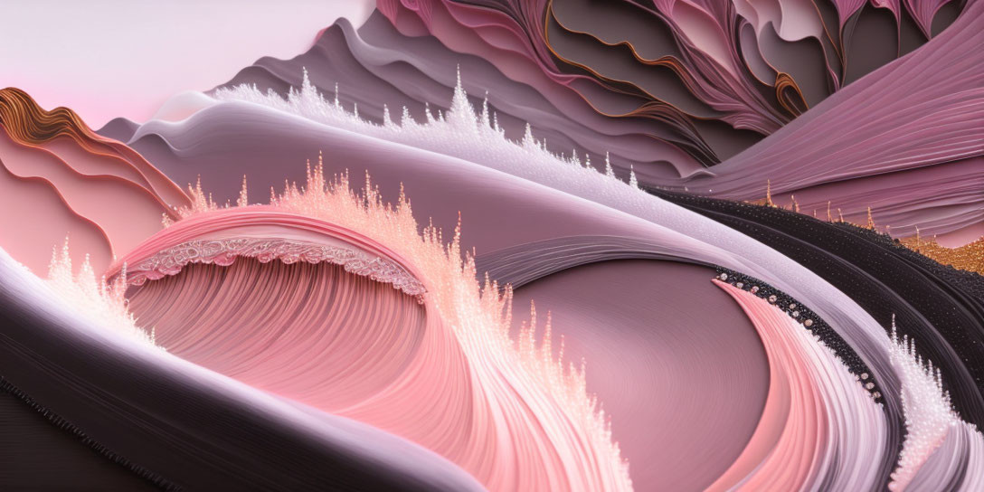 Abstract Digital Artwork: Wavy Layers in Pink, Purple, Black, Gold