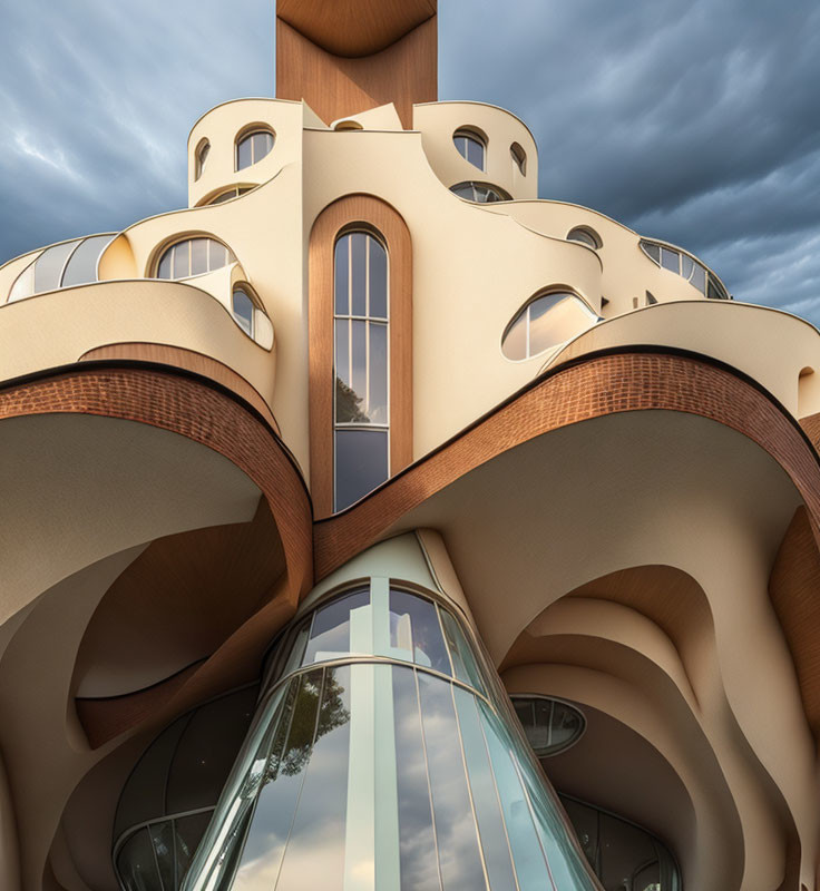 Modern architecture with undulating brown balconies and glass windows