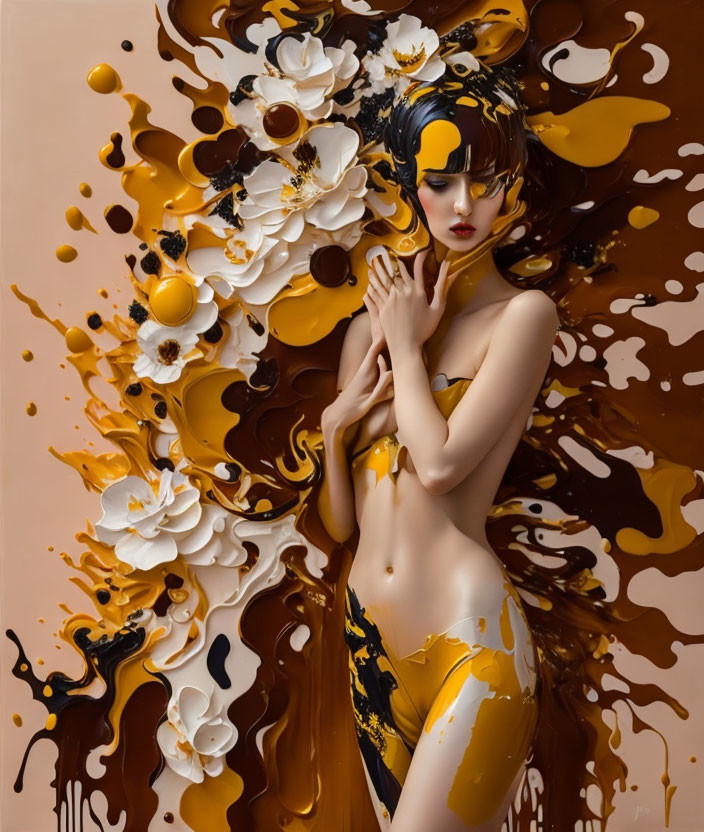 Colorful Stylized Artwork of Woman with Yellow and Brown Flowing Colors