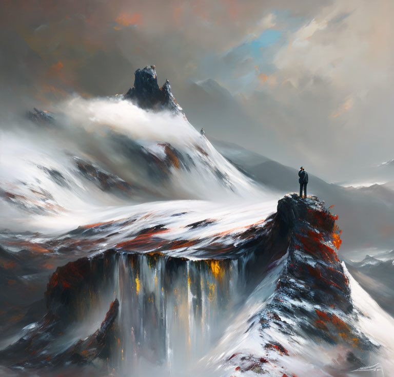 Figure on dramatic cliff overlooking lava-like falls and misty landscape