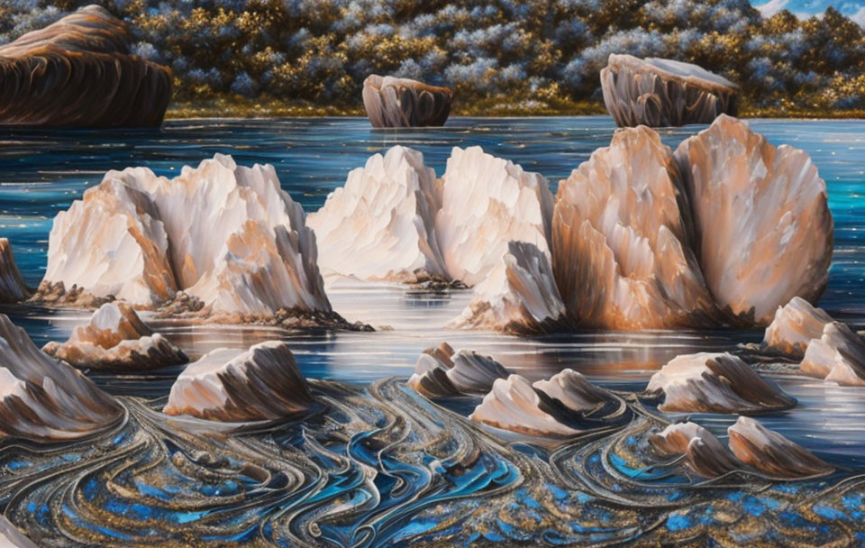 Surreal textured painting of rocky formations in blue and silver water