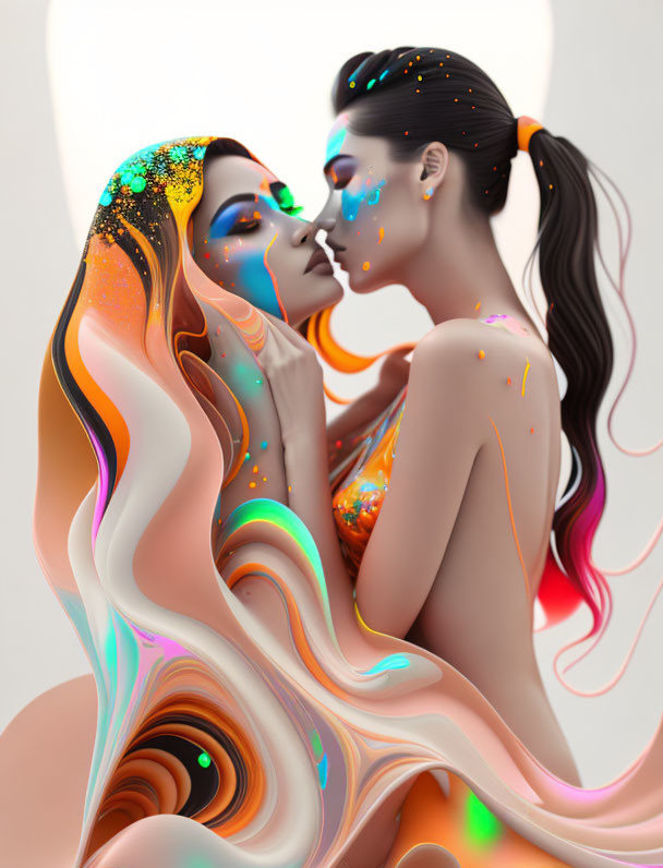 Vibrant body paint embraces in colorful abstract setting