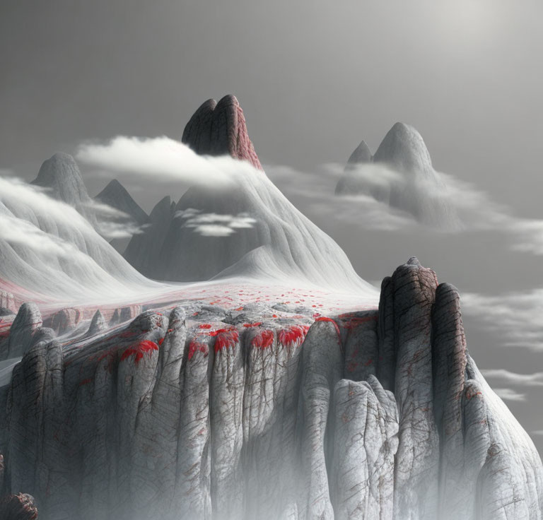 Snowy Peaks and Red-Tinted Crevices in Surreal Mountain Landscape