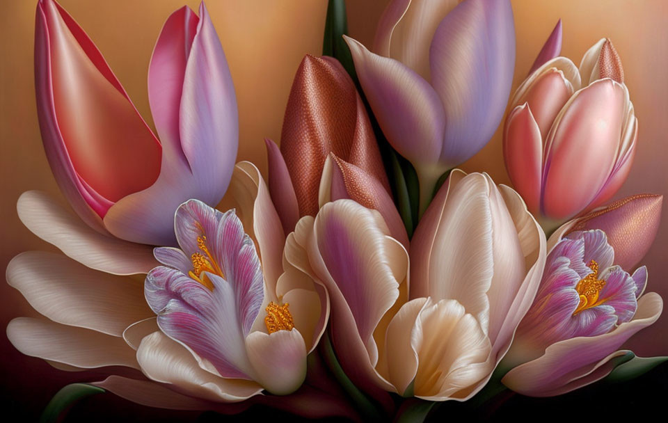 Stylized digital artwork: Pink, cream, and brown tulips with lustrous petals