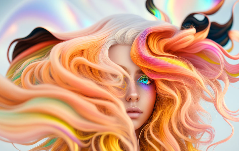 Colorful digital artwork: Woman with flowing hair and rainbow eyes on soft background