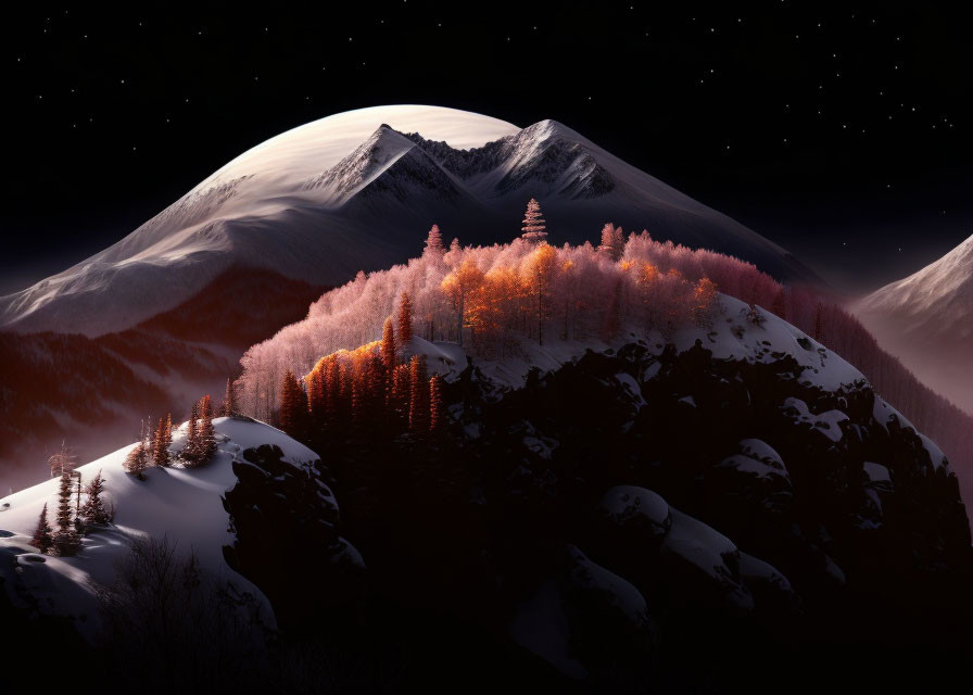 Snow-capped mountains and autumn forest under starry sky